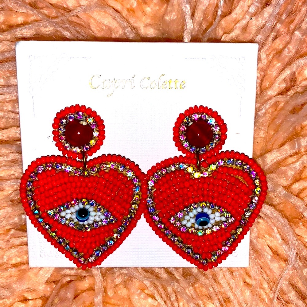 ❤️NWT Bright Red Heart Evil Eye Valentines Large Earrings